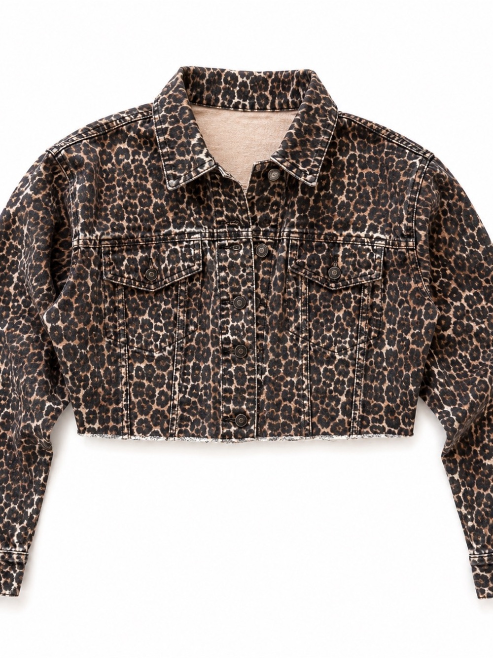 Free People Leopard Print Cropped Denim Jacket XS Raw Hem Animal Print
